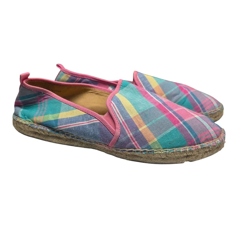 Talbots Womens Plaid Espadrille Flats Pink Blue Yellow Slip On Shoes Size 9.5M